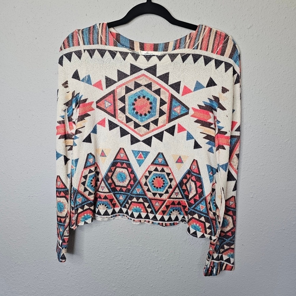 Gaze USA Womens Southwestern Geometric Knit Sweater Long Sleeve Crop Top Cream